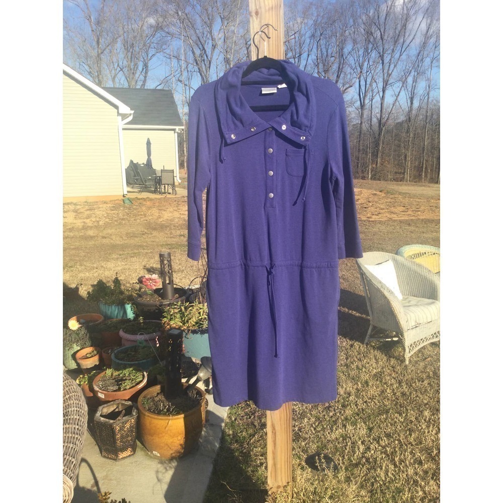 Chico’s Womens Knit Drawstring Midi Dress M Blue Cotton‎ Fall Modest Office Work